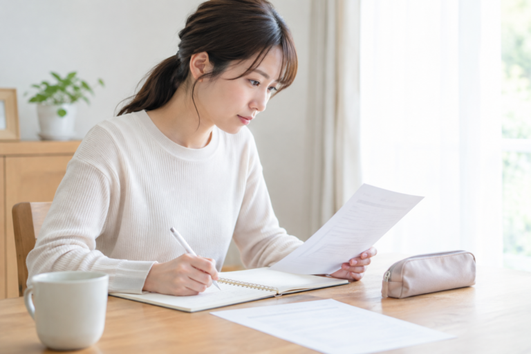 机で書類を読みながらノートにメモする女性
