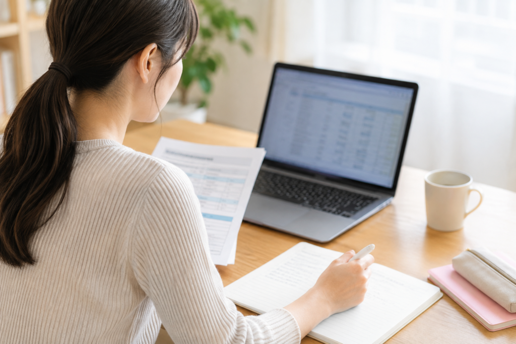 机の前で女性が書類とノートを見ながらノートパソコンで条件を確認している