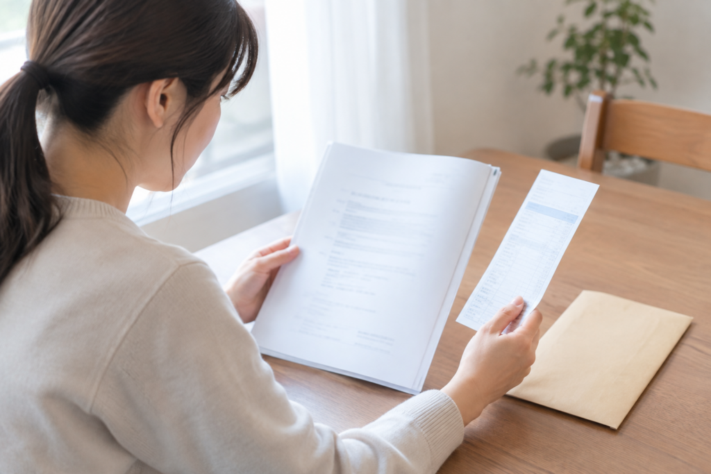 机で書類と明細らしき紙を見比べる女性