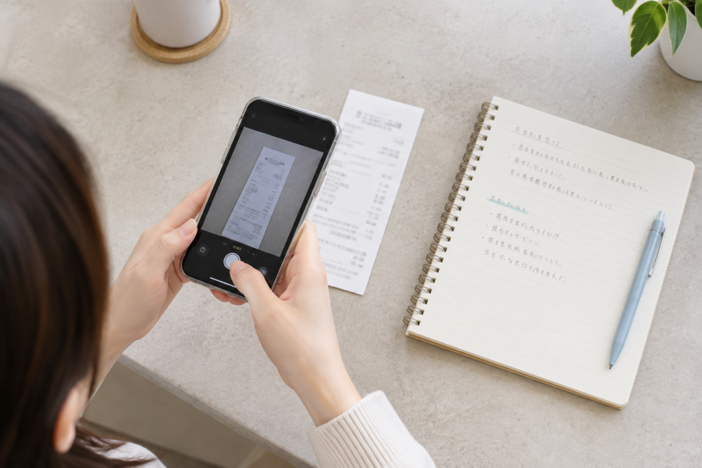 手で領収書をスマートフォンで撮影している