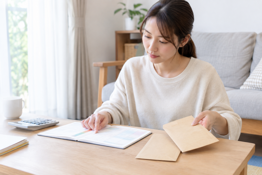 机に向かってノートや書類を見ながら確認する女性