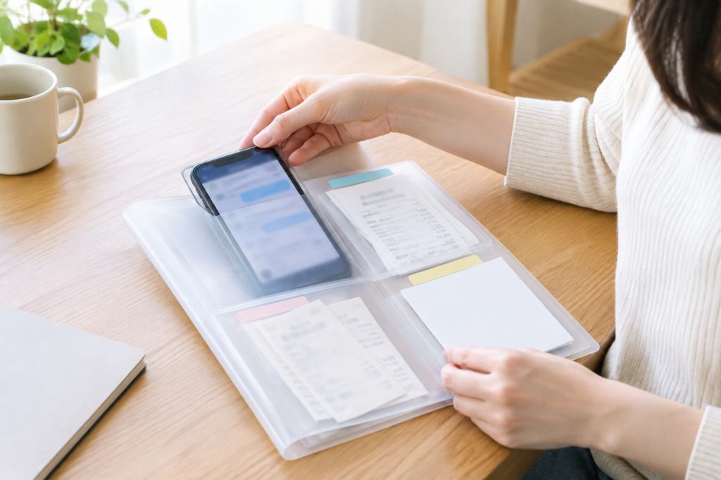 机の上でスマートフォンと書類を見比べながら記録を整理する女性