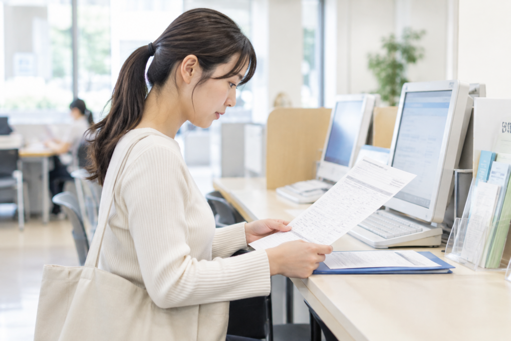 女性がデスクで書類を確認しながらパソコン画面を見ている