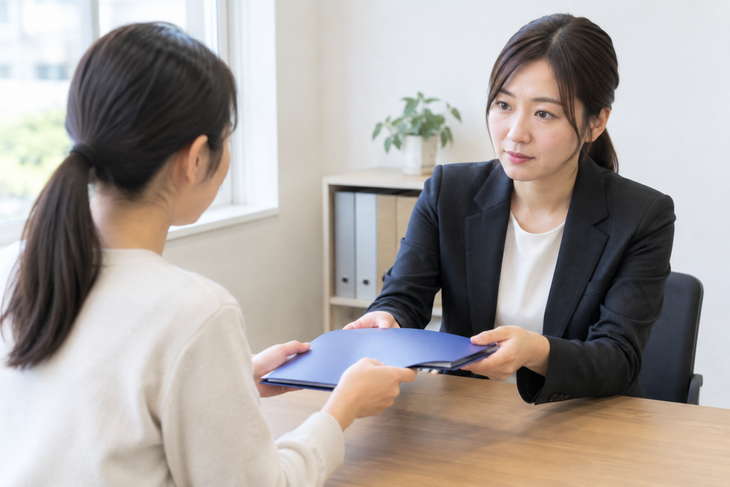 机を挟んで女性が書類を差し出し、スーツ姿の女性が受け取って相談に応じている