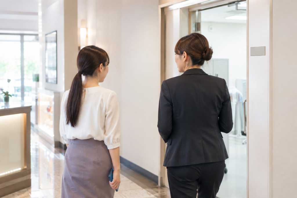 店内の通路で、2人の女性スタッフが並んで歩きながら話している