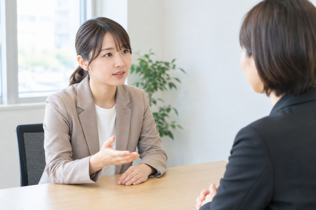 机を挟んで向かい合い、女性が相手に話している面接相談の様子