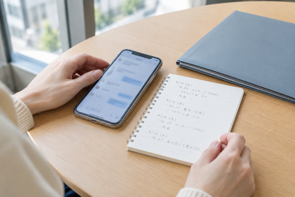 机の上でスマートフォンの画面を見ながら、ノートに連絡内容をメモしている様子